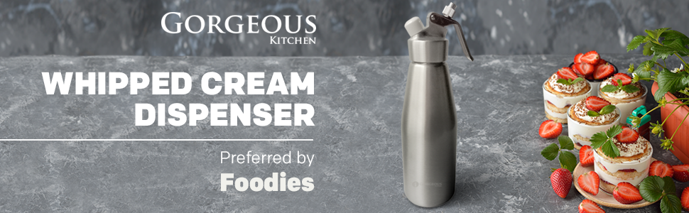 Gorgeous Kitchen whipped cream dispenser, delicious dessert with strawberries and whipped cream 