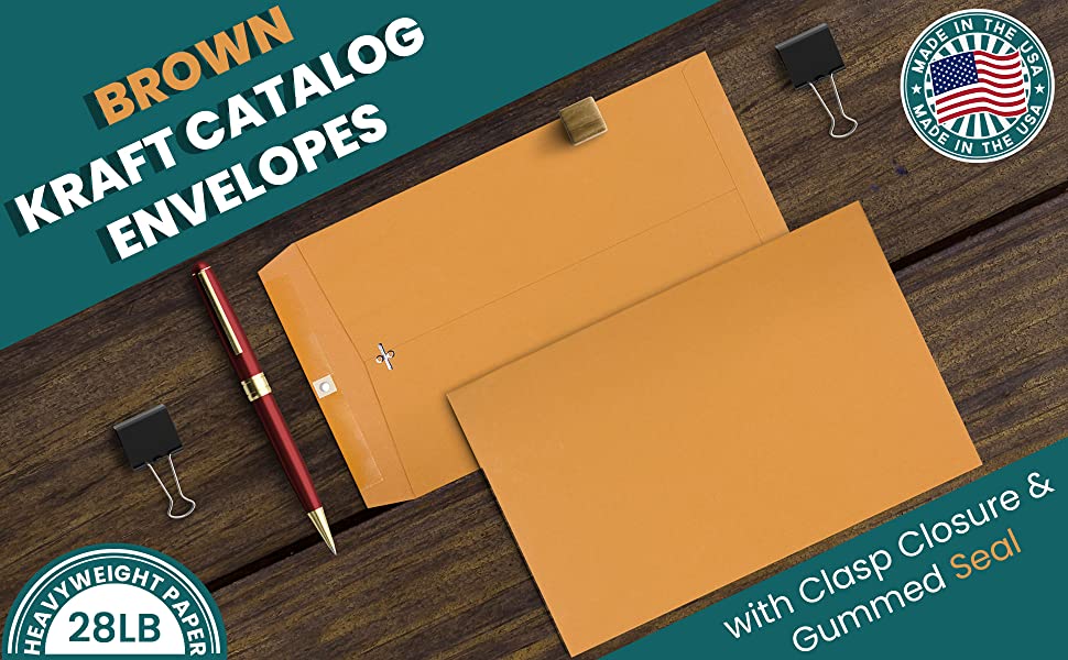 Brown Craft Catalog Envelopes With clasp closure & gummed seal 28lb. heavyweight paper